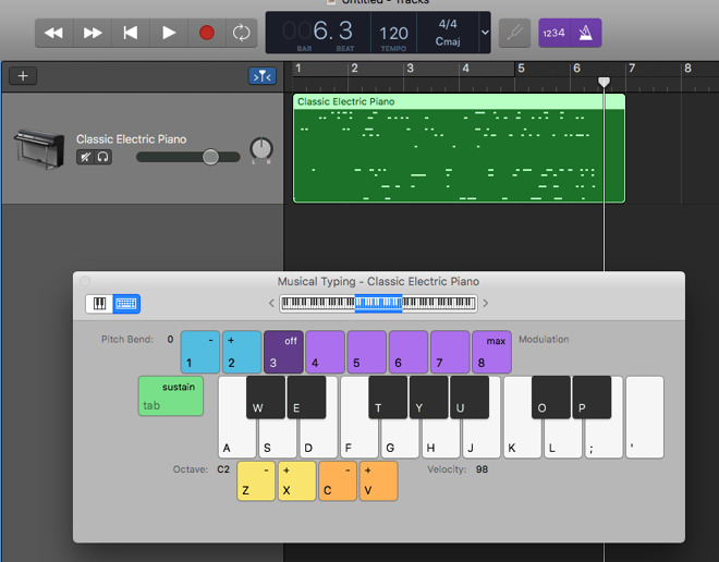 Garageband what keys on mac are relative to piano chords